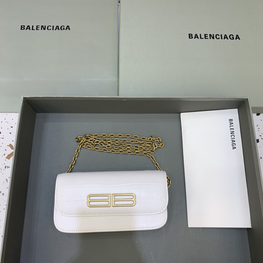 Balenciaga Gossip Wallet on chain Crocodile Embossed Calfskin Shouler Bag White